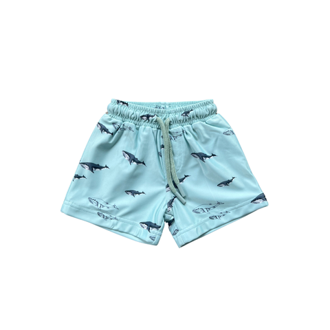 Toddler and Mini Boy's Swim Shorts Recycled Swimwear UPF 50, Oceanic Whales Blue
