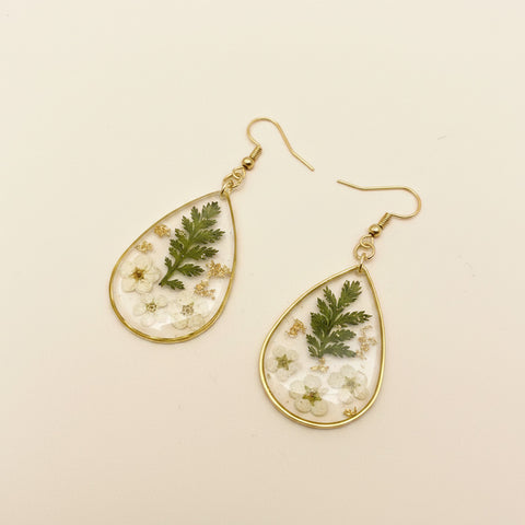 Genuine Pressed Flowers Earrings Dangle Gold Hook, Tear Drop, Fern/Ivory