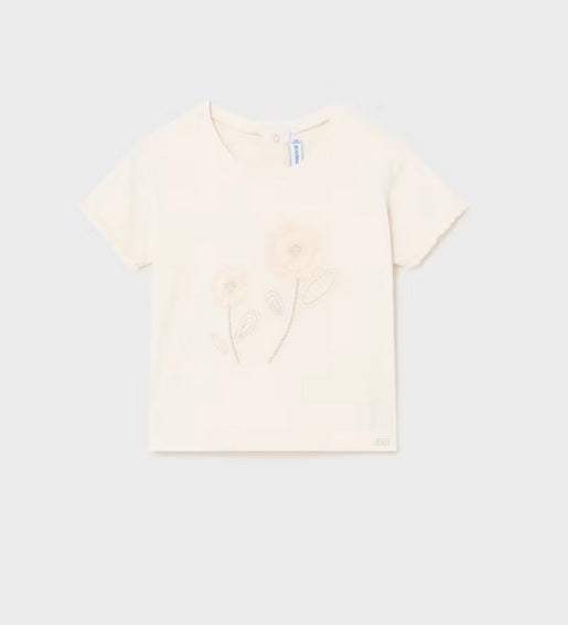 Mayoral toddler girl sustainable cotton embroidered floral tone-on-tone t-shirt, chickpea, front view
