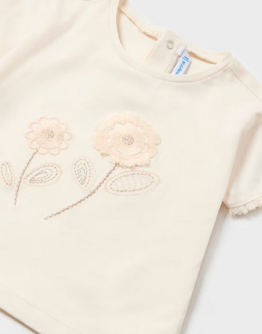Mayoral toddler girl sustainable cotton embroidered floral tone-on-tone t-shirt, chickpea, view 3