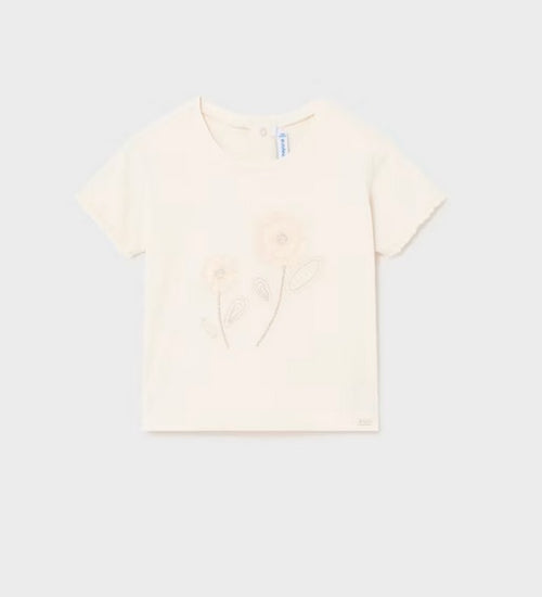 1009 Toddler Girls Sustainable Cotton Embroidered Floral Tone-on-Tone Tshirt - Chickpea