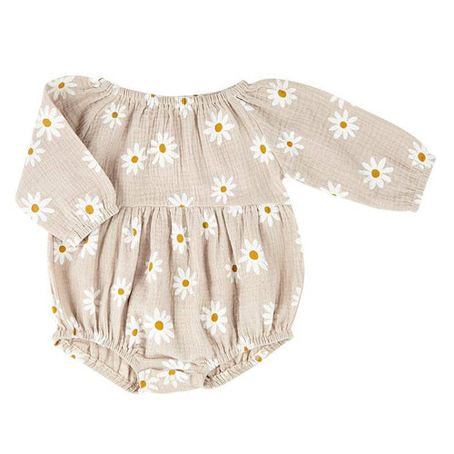 100% Cotton Muslin L/S Bubble Romper - Beige Daisy