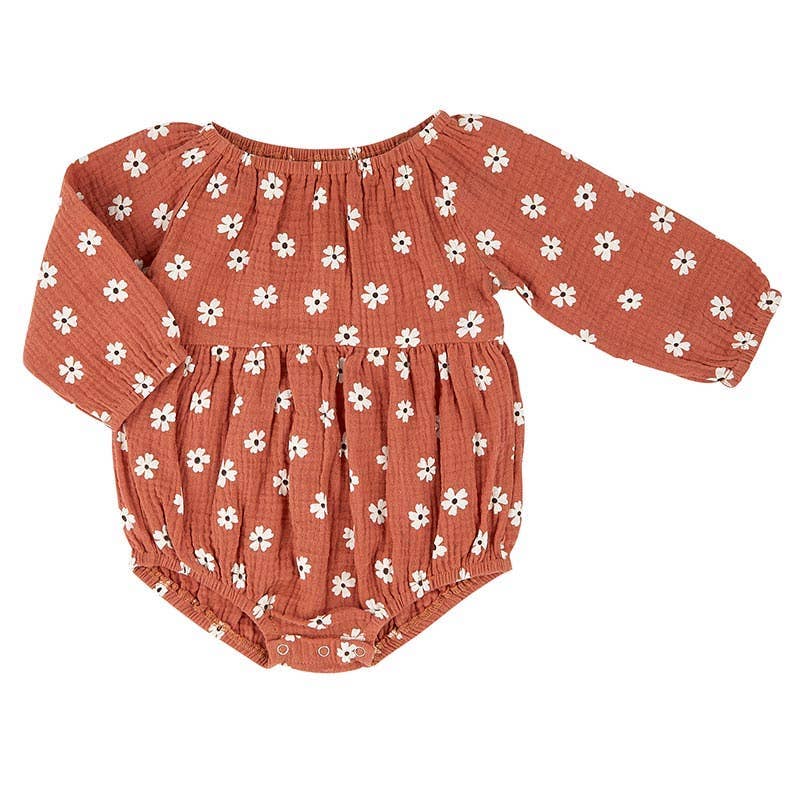 100% Cotton Muslin L/S Bubble Romper - Rust Daisy short 