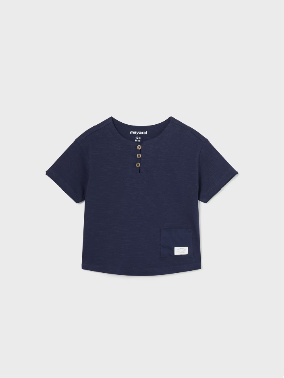 Mayoral toddler boy henley cotton linen shirt, ink navy, front view