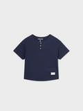 Mayoral toddler boy henley cotton linen shirt, ink navy, front view
