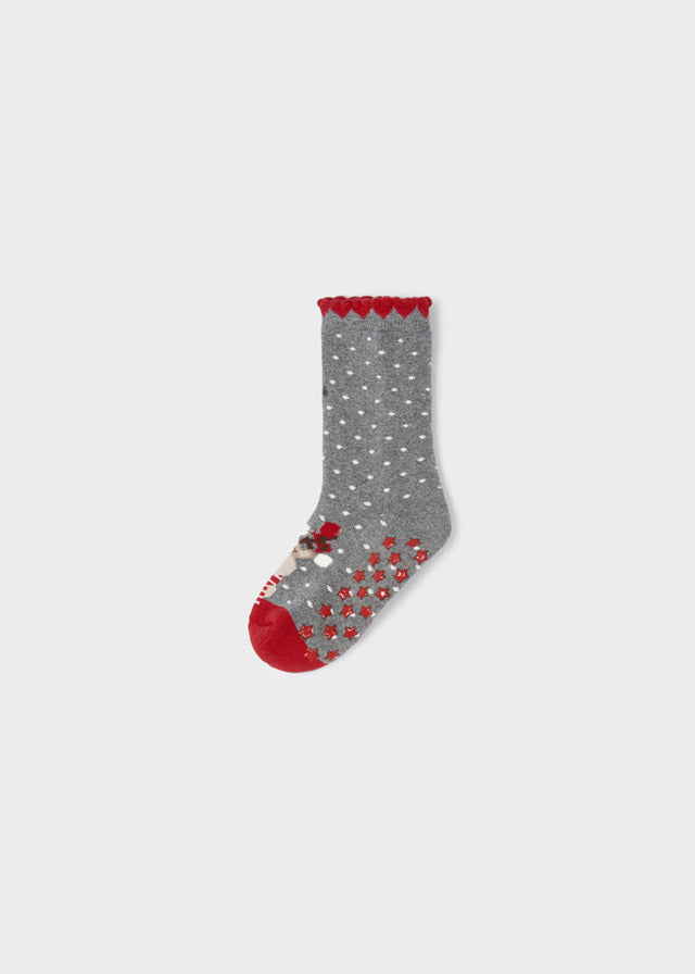 Mayoral Girls Non-Slip Red Holiday Socks, Reindeer Socks, White Polka Dot
