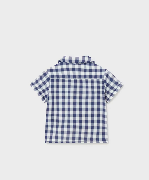 Mayoral toddler boy sustainable cotton short sleeve button up shirt, check pattern, ink blue, view 2