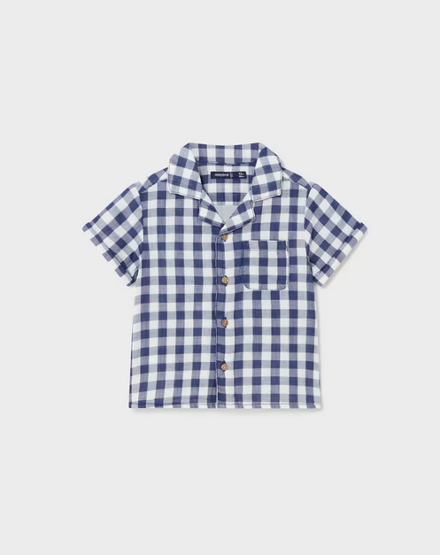 1110 Toddler Boys Sustainable Cotton S/S Button Up Shirt, Check Pattern - Ink Blue