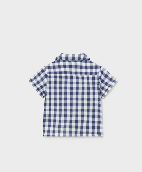 1110 Toddler Boys Sustainable Cotton S/S Button Up Shirt, Check Pattern - Ink Blue