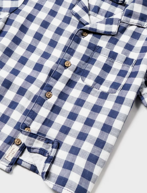 1110 Toddler Boys Sustainable Cotton S/S Button Up Shirt, Check Pattern - Ink Blue