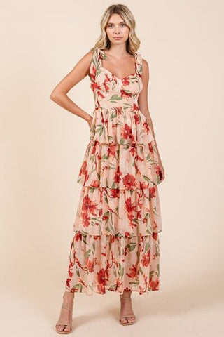 Women's Tiered Layered Floral Sweetheart Neck Maxi Dress - Coral Floral