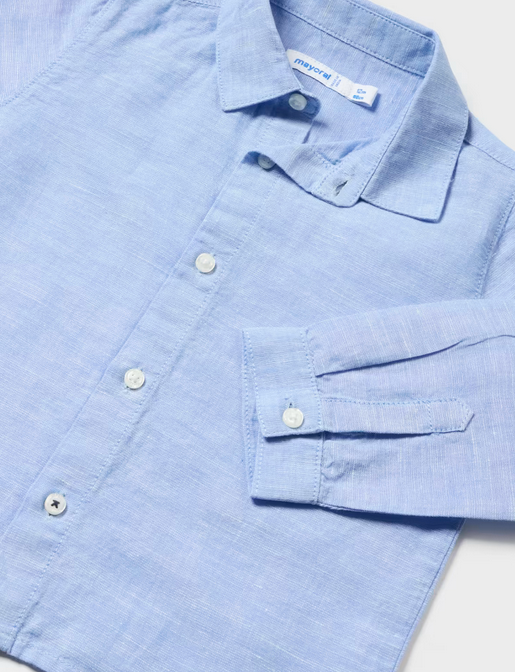 Mayoral toddler boy long sleeve button up cotton linen dress shirt, sky blue, detail