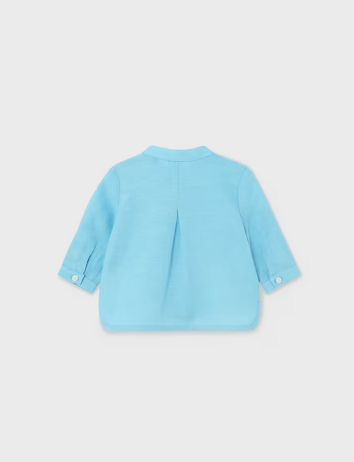 Mayoral baby boy sustainable cotton linen mao collar button up shirt, resort capri blue, back view