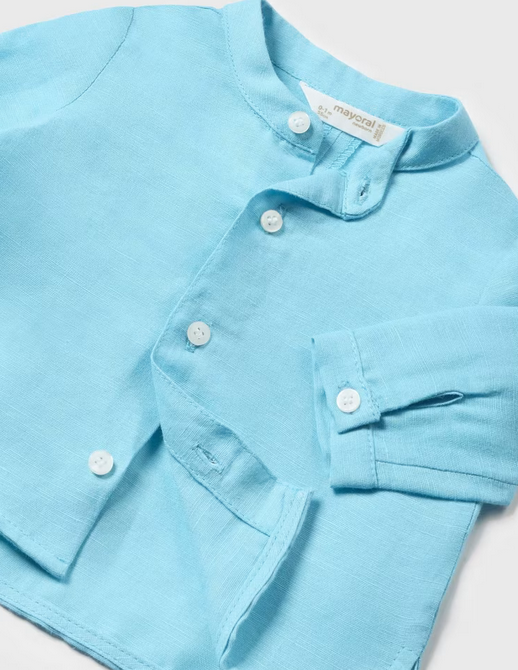 Mayoral baby boy sustainable cotton linen mao collar button up shirt, resort capri blue, detail