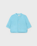 Mayoral baby boy sustainable cotton linen mao collar button up shirt, resort capri blue, front view