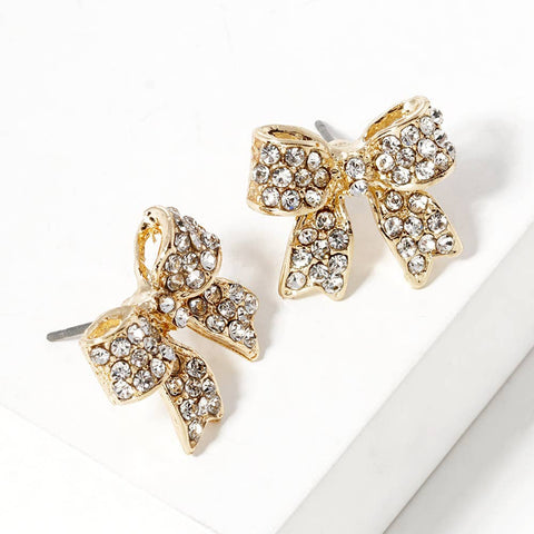 Pave Bow Stud Earrings: Gold Clear Crystallized
