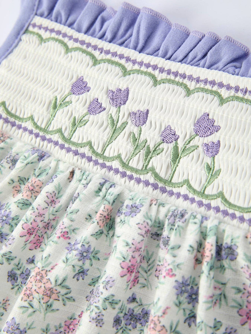 Embroidered Smocked Spaghetti Strap Dress - Purple Tulips