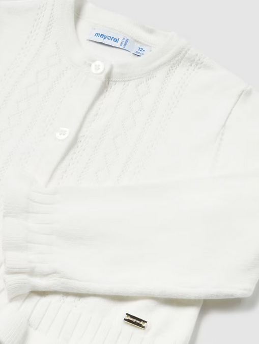 Mayoral toddler girl openwork knit ruffled edge cardigan, natural, view 3