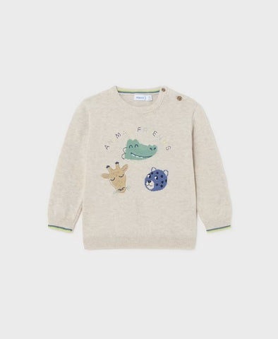 1384 Toddler Boys Sustainable Cotton Embroidered Crewneck Sweater - Cream, Animal Friends