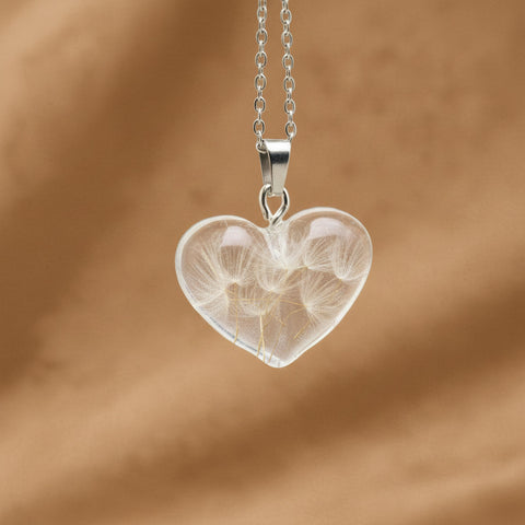Genuine Pressed Dried Flowers, Dandelion Encased Resin Heart-Shaped Charm Necklace, White