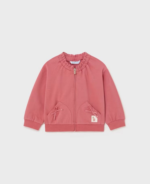 Mayoral toddler girl sustainable cotton bow pocket zippered jacket, clay, front view