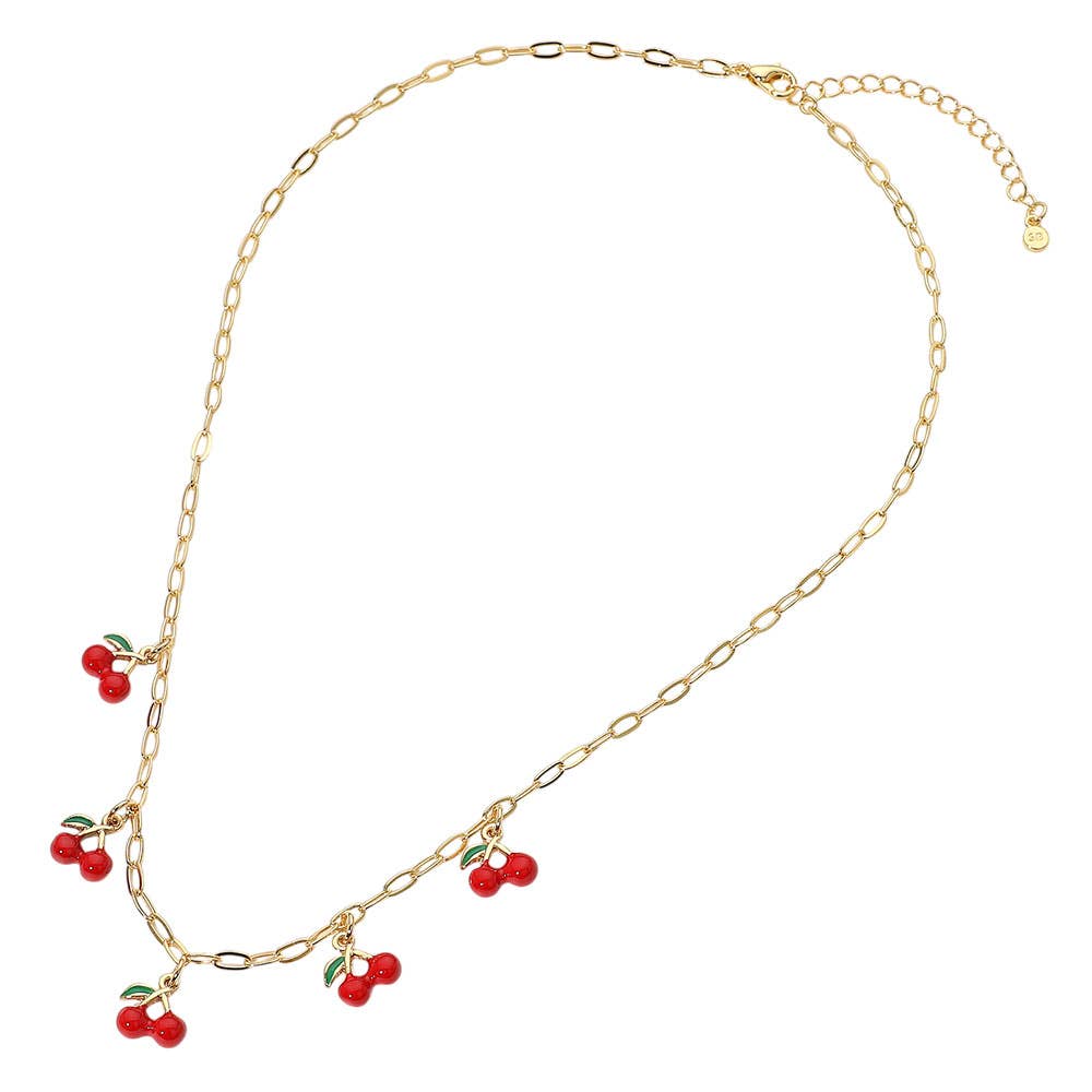 14K Gold Dipped Charm Station Paperclip Chain Necklace: Cherries, 14K Gold