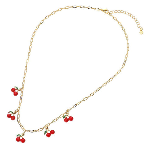 14K Gold Dipped Charm Station Paperclip Chain Necklace: Cherries, 14K Gold