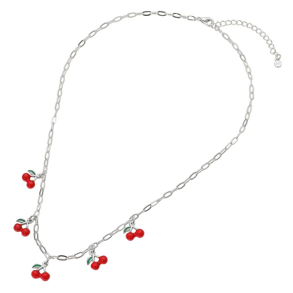 14K Gold Dipped Charm Station Paperclip Chain Necklace: Cherries, Silver