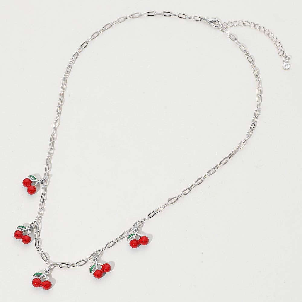 14K Gold Dipped Charm Station Paperclip Chain Necklace: Cherries, Silver adjustable chain