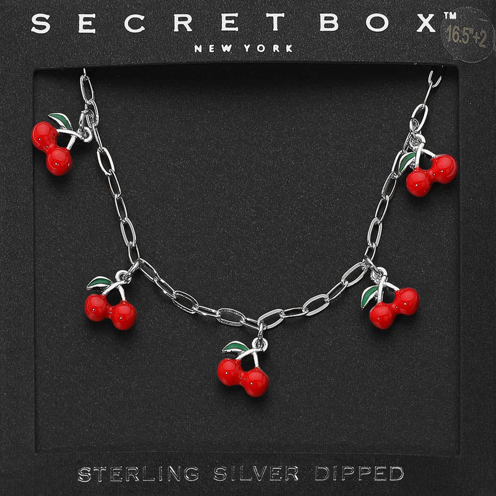 14K Gold Dipped Charm Station Paperclip Chain Necklace: Cherries, Silver adjustable chain boxed gift
