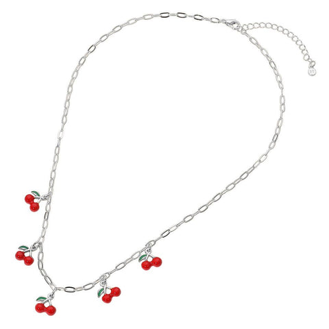 Sterling Silver Dipped Charm Station Paperclip Chain Necklace: Cherries, Silver
