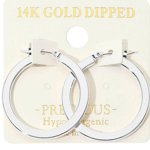 14K Gold Dipped Hypoallergenic Flat Pin Catch 1.25" DIA Hoop Earrings: Rhodium Silver