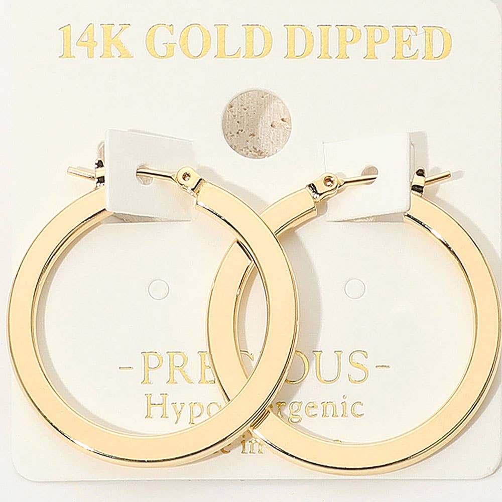 14K Gold Dipped Hypoallergenic Flat Pin Catch Hoop Earrings: Gold