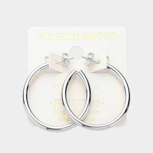 14K Gold Dipped Hypoallergenic Metal 1.5" DIA Hoop Earrings: Rhodium Silver