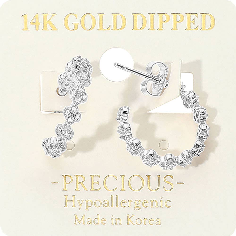 14K Gold Dipped Hypoallergenic Rhinestone Accent Open Floral Hoop Earrings: Rhodium Silver