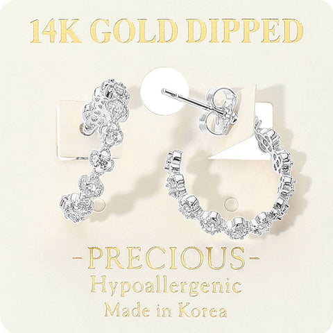 14K Gold Dipped Hypoallergenic Rhinestone Accent Open Floral Hoop Earrings: Rhodium Silver