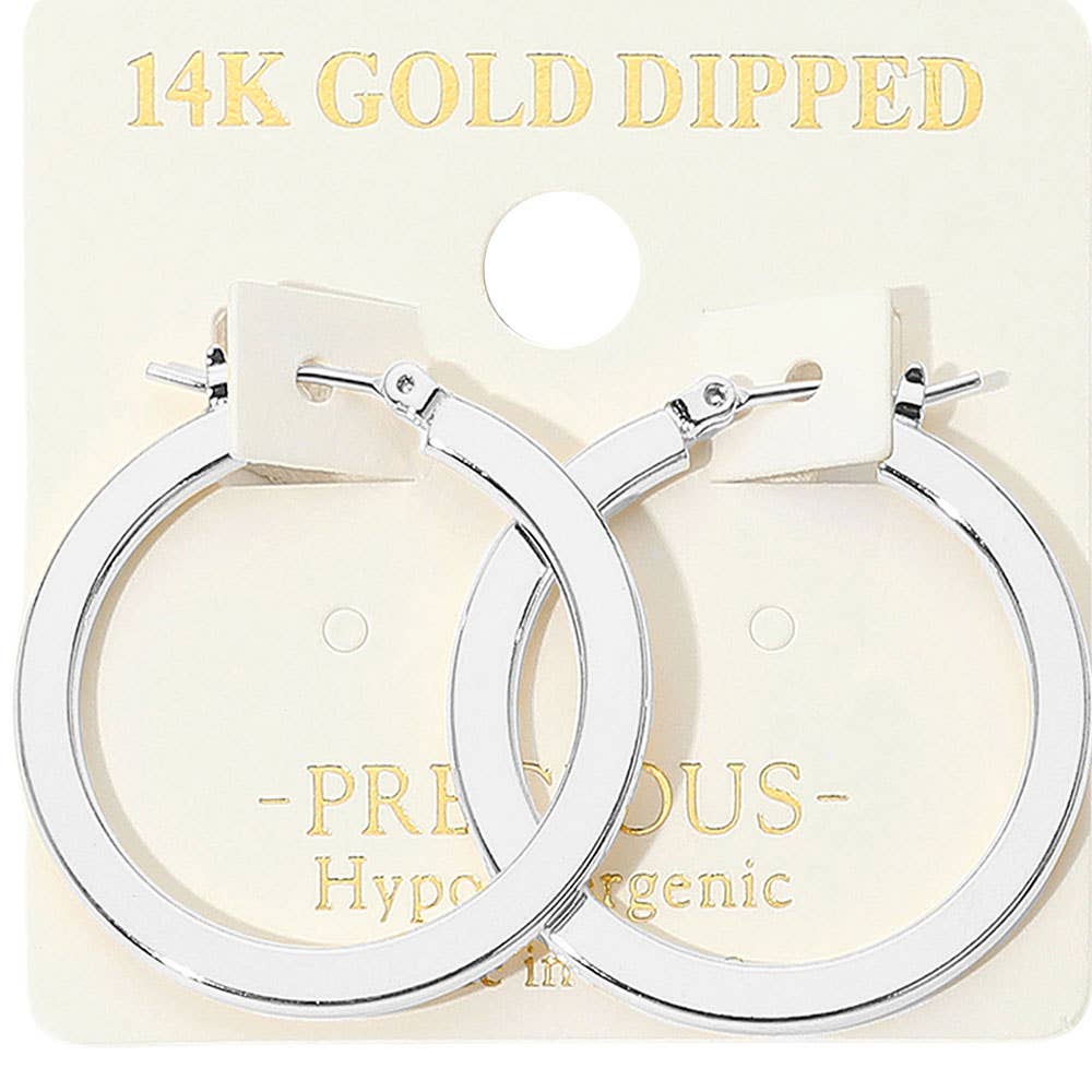 14K gold dipped flat hoop earrings, rhodium silver, on card