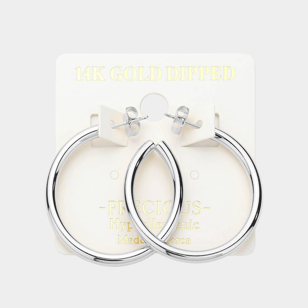 14K gold dipped hoop earrings, rhodium silver, on card