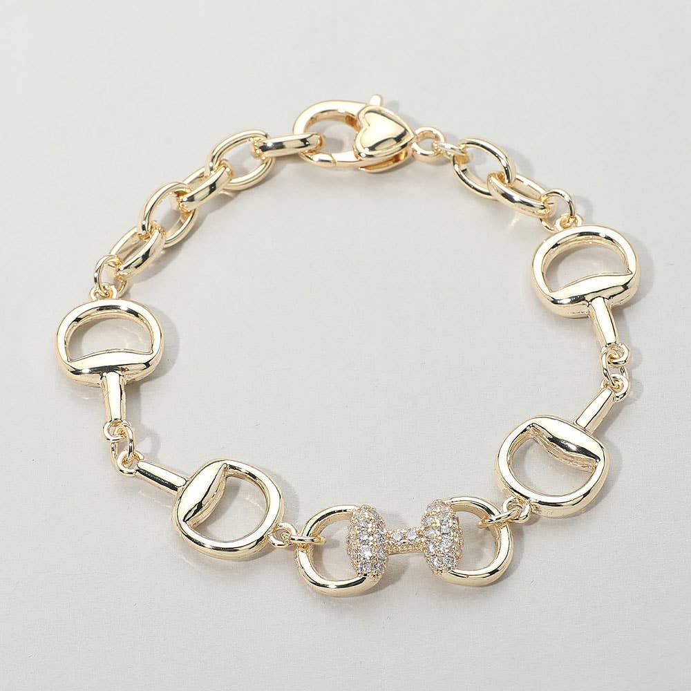 14K gold plated CZ equestrian bit chain bracelet, front view