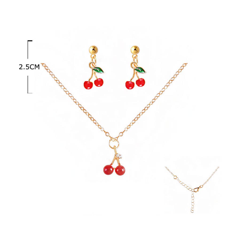 Enamel Pendant Necklace and Dangle Earring Set - Red Cherry, Silver