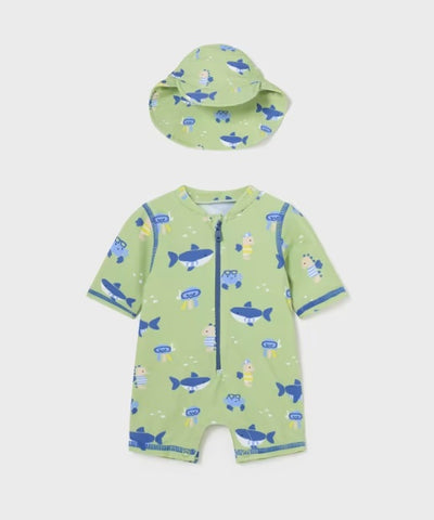 1621 Baby Boys Onepiece Rashguard Swimsuit & Sun Hat Set - Kale Green Ocean