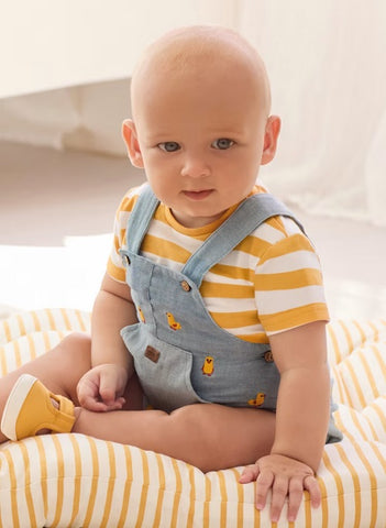 1623 UNISEX Baby Sustainable Cotton Denim Overall & Striped TShirt Set, Yellow Chickie