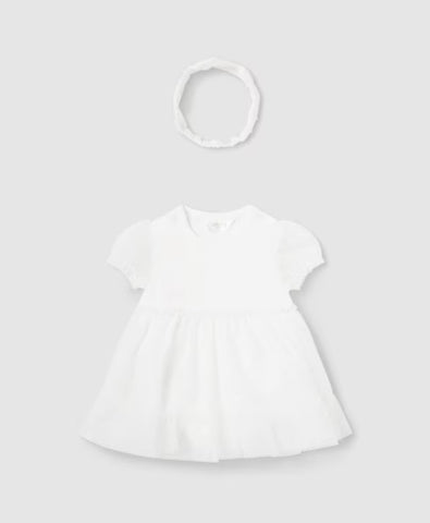 1629 Baby Girl Tulle Bodysuit Dress w/3D Butterfly Wings & Headband Crown, White