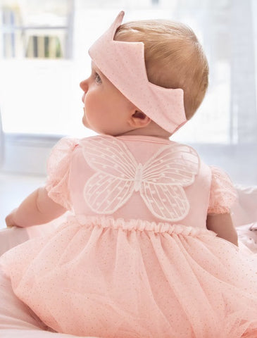 1629 Baby Girl Tulle Bodysuit Dress w/3D Butterfly Wings & Headband Crown, Nude Pink
