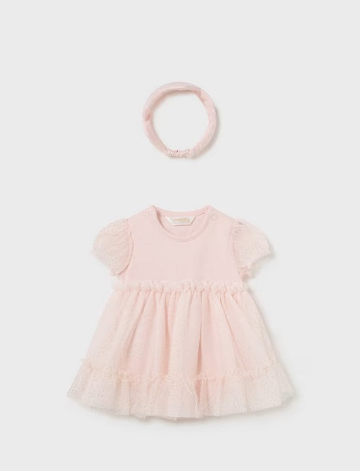 1629 Baby Girl Tulle Bodysuit Dress w/Butterfly Wings & Headband Crown, Nude Pink