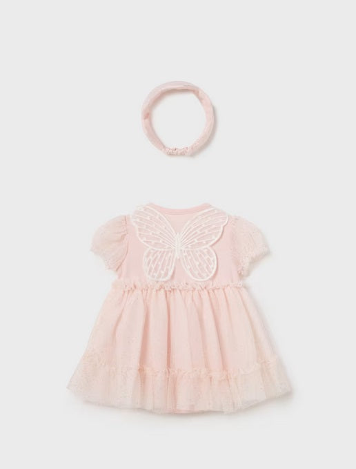 1629 Baby Girl Tulle Bodysuit Dress w/Butterfly Wings & Headband Crown, Nude Pink