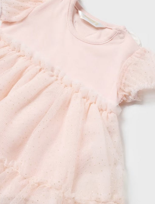 1629 Baby Girl Tulle Bodysuit Dress w/Butterfly Wings & Headband Crown, Nude Pink
