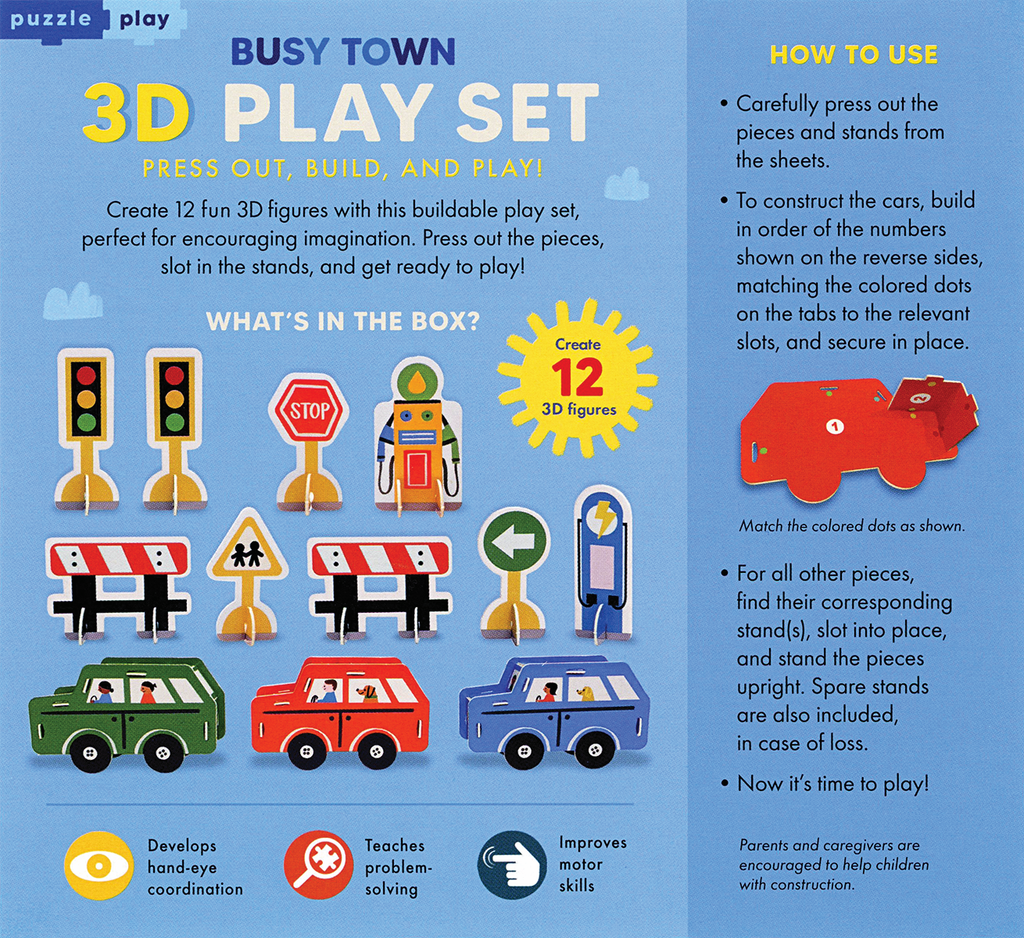 Busy Town 3D Play Set, back of box with how-to-play instructions