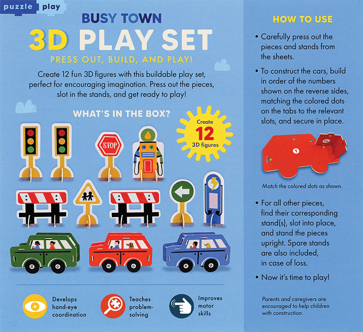 Busy Town 3D Play Set, back of box with how-to-play instructions