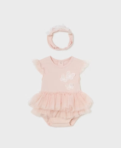 1702 Baby Girl Sustainable Cotton Tulle Tutu 3D Butterfly Bodysuit and Headband Set - Nude Pink
